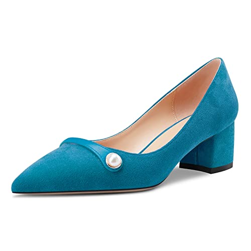 Castamere Damen Chunky Blockabsatz Mittlerem Absatz Heel Spitze Zehenkappe Slip-on Pumps Hochzeit Dress 5 cm Heels Blau A 40 EU von Castamere