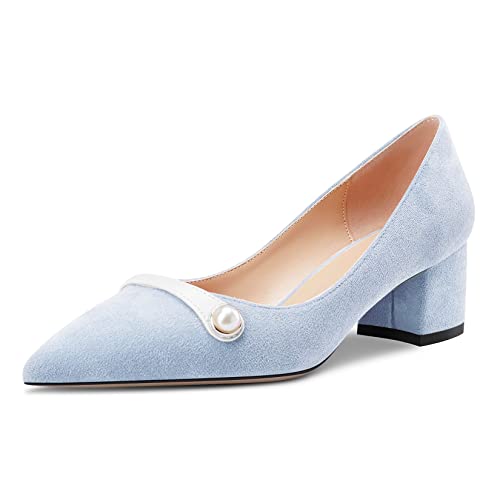 Castamere Damen Chunky Blockabsatz Mittlerem Absatz Heel Spitze Zehenkappe Slip-on Pumps Hochzeit Dress 5 cm Heels Hellblau 38 EU von Castamere