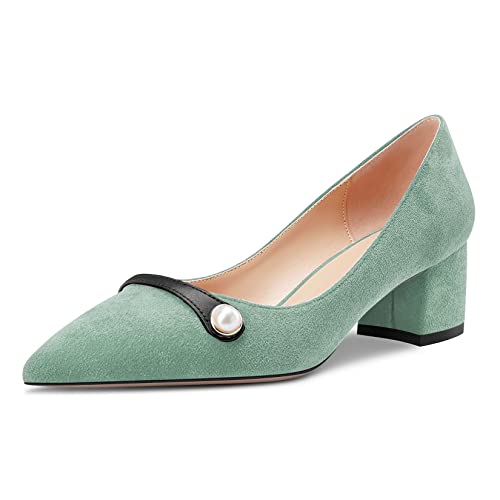 Castamere Damen Chunky Blockabsatz Mittlerem Absatz Heel Spitze Zehenkappe Slip-on Pumps Hochzeit Dress 5 cm Heels Hellgrün 41 EU von Castamere