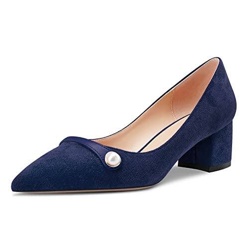 Castamere Damen Chunky Blockabsatz Mittlerem Absatz Heel Spitze Zehenkappe Slip-on Pumps Hochzeit Dress 5 cm Heels Navy Blau 36 EU von Castamere