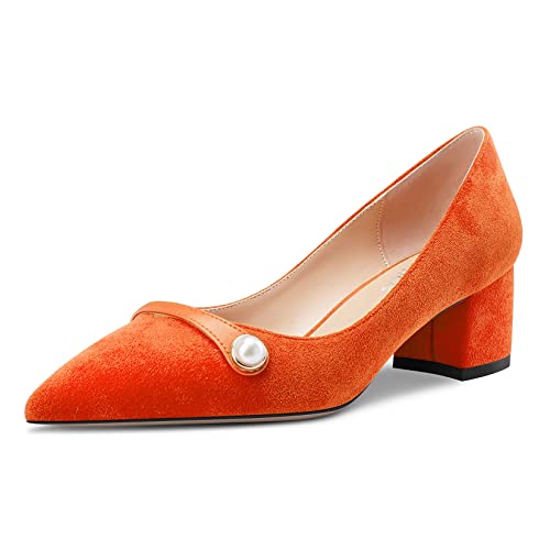 Castamere Damen Chunky Blockabsatz Mittlerem Absatz Heel Spitze Zehenkappe Slip-on Pumps Hochzeit Dress 5 cm Heels Orange 40 EU von Castamere