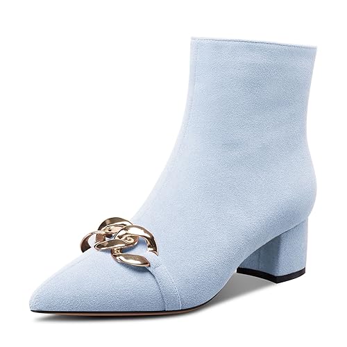 Castamere Damen Chunky Blockabsatz Mittlerem Absatz Heel Spitze Zehenkappe Stiefeletten Reißverschluss Metall Kette Abschlussball Dress 5 CM Heels Himmelblau 37 EU von Castamere