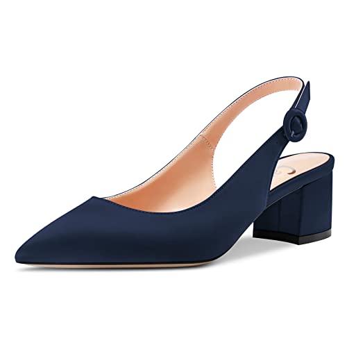 Castamere Damen Chunky Blockabsatz Niedrige Absatz Geschlossene Spitze Zehenkappe Slingback Pumps Schnalle Cute Dress Büroschuhe 5 cm Navy Blau Satin 40 EU von Castamere