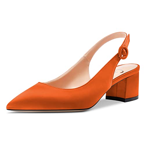 Castamere Damen Chunky Blockabsatz Niedrige Absatz Geschlossene Spitze Zehenkappe Slingback Pumps Schnalle Cute Dress Büroschuhe 5 cm Orange Satin 41 EU von Castamere