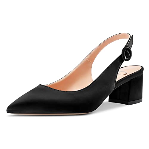 Castamere Damen Chunky Blockabsatz Niedrige Absatz Geschlossene Spitze Zehenkappe Slingback Pumps Schnalle Cute Dress Büroschuhe 5 cm Schwarz Satin 38 EU von Castamere