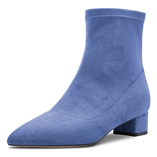 Castamere Damen Chunky Blockabsatz Niedrige Absatz Heel Geschlossene Spitze Zehenkappe Stiefeletten Slip-on Reißverschluss 3.5 CM Heels Klassisch Cute Schuhe Blau 37 EU von Castamere