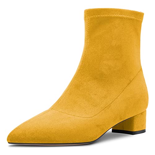Castamere Damen Chunky Blockabsatz Niedrige Absatz Heel Geschlossene Spitze Zehenkappe Stiefeletten Slip-on Reißverschluss 3.5 CM Heels Klassisch Cute Schuhe Gelb 39 EU von Castamere