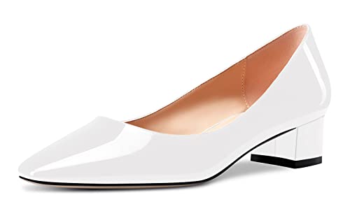 Castamere Damen Chunky Blockabsatz Niedrige Kitten Absatz Heel Geschlossene Eckige Zehenkappe Pumps Slip-on Cute Dress Büroschuhe Schuhe Weiß 43 EU von Castamere