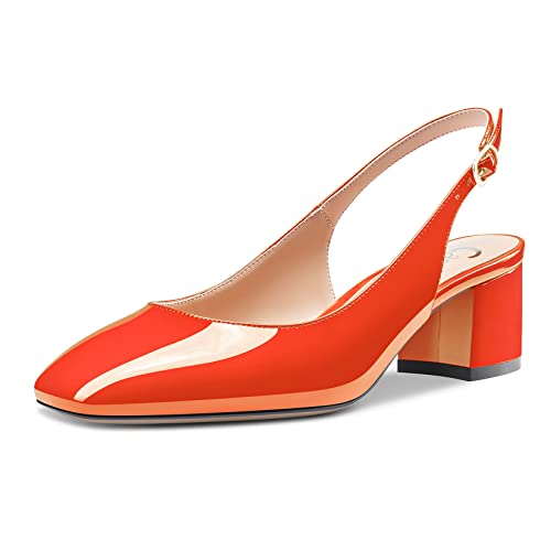 Castamere Damen Chunky Blockabsatz Niedrige Kitten Absatz Heel Geschlossene Eckige Zehenkappe Slingback Pumps Clear Cute Dress Slip-on Sandalen 5 cm Heels Orange Lackleder 40 EU von Castamere