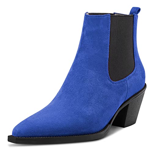 Castamere Damen Chunky Blockabsatz Niedrige Kitten Absatz Heel Geschlossene Spitze Zehenkappe Stiefeletten Slip-on Büroschuhe Dress 6.5 CM Heels Stiefel Blau A 39 EU von Castamere