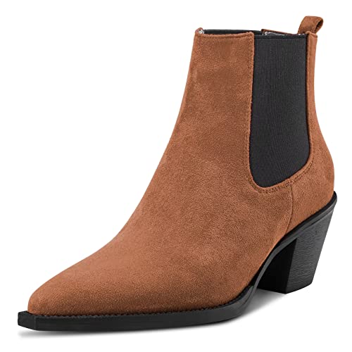 Castamere Damen Chunky Blockabsatz Niedrige Kitten Absatz Heel Geschlossene Spitze Zehenkappe Stiefeletten Slip-on Büroschuhe Dress 6.5 CM Heels Stiefel Braun A 38 EU von Castamere