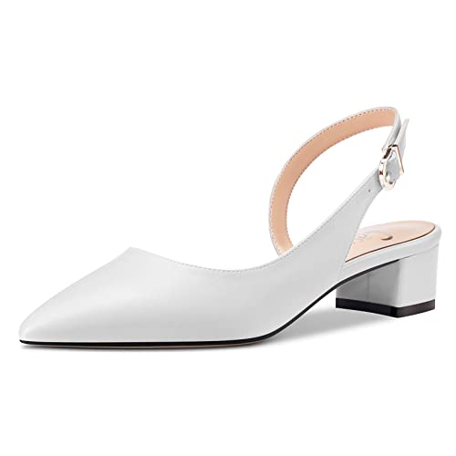 Castamere Damen Chunky Blockabsatz Niedrige Kitten Absatz Heel Spitze Zehenkappe Slingback Pumps Klassisch Cute Party Büroschuhe 3.5 cm Heels Weiß Matt 42 EU von Castamere