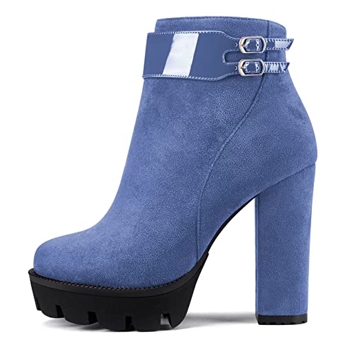 Castamere Damen Chunky Blockabsatz Plateau Plattform Hoher High Absatz Heel Geschlossene Runde Zehenkappe Stiefeletten Reißverschluss Klassisch Stiefel Blau 39 EU von Castamere