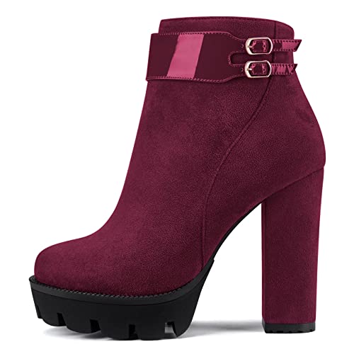 Castamere Damen Chunky Blockabsatz Plateau Plattform Hoher High Absatz Heel Geschlossene Runde Zehenkappe Stiefeletten Reißverschluss Klassisch Stiefel Burgund Rot 37 EU von Castamere