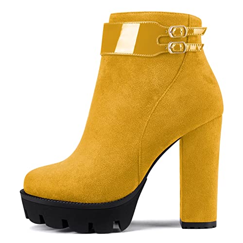 Castamere Damen Chunky Blockabsatz Plateau Plattform Hoher High Absatz Heel Geschlossene Runde Zehenkappe Stiefeletten Reißverschluss Klassisch Stiefel Gelb 43 EU von Castamere