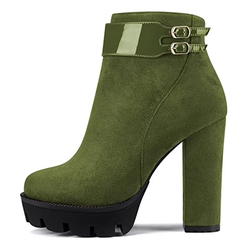 Castamere Damen Chunky Blockabsatz Plateau Plattform Hoher High Absatz Heel Geschlossene Runde Zehenkappe Stiefeletten Reißverschluss Klassisch Stiefel Grün B 38 EU von Castamere