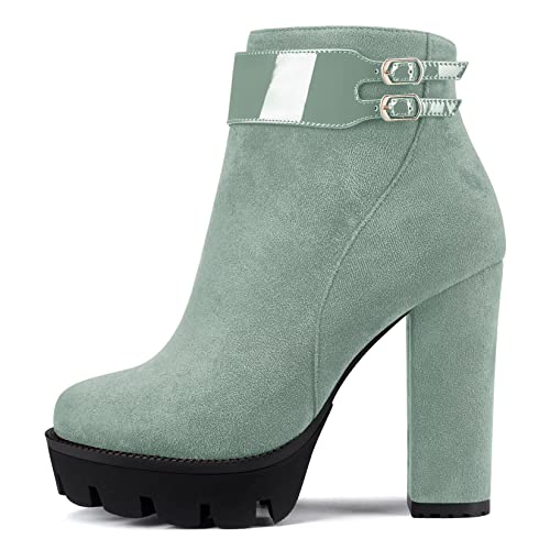 Castamere Damen Chunky Blockabsatz Plateau Plattform Hoher High Absatz Heel Geschlossene Runde Zehenkappe Stiefeletten Reißverschluss Klassisch Stiefel Hellgrün 38 EU von Castamere