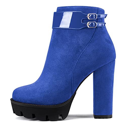 Castamere Damen Chunky Blockabsatz Plateau Plattform Hoher High Absatz Heel Geschlossene Runde Zehenkappe Stiefeletten Reißverschluss Klassisch Stiefel Königsblau 44 EU von Castamere