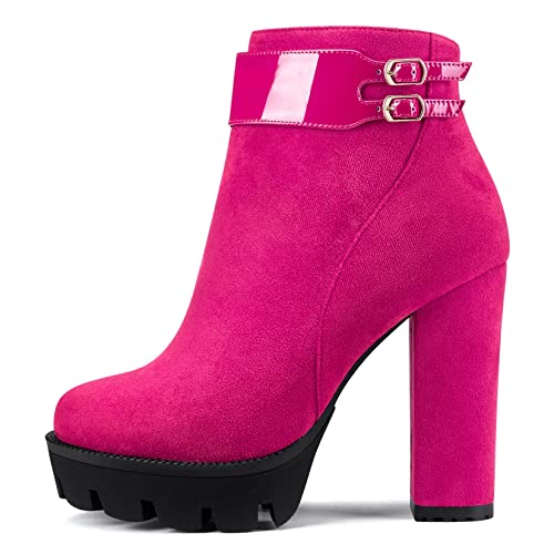 Castamere Damen Chunky Blockabsatz Plateau Plattform Hoher High Absatz Heel Geschlossene Runde Zehenkappe Stiefeletten Reißverschluss Klassisch Stiefel Magenta Rot 44 EU von Castamere