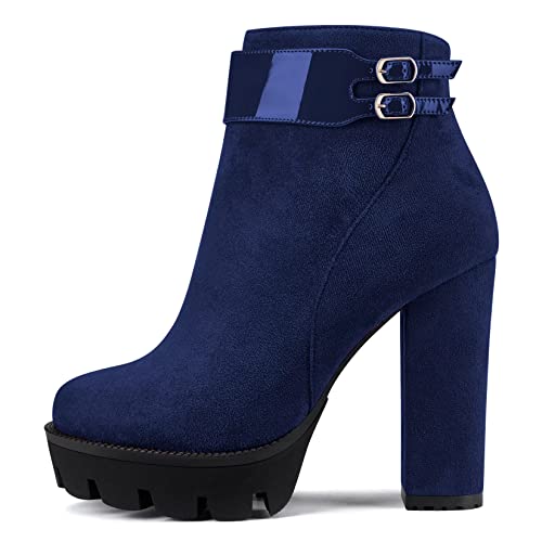 Castamere Damen Chunky Blockabsatz Plateau Plattform Hoher High Absatz Heel Geschlossene Runde Zehenkappe Stiefeletten Reißverschluss Klassisch Stiefel Navy Blau 40 EU von Castamere