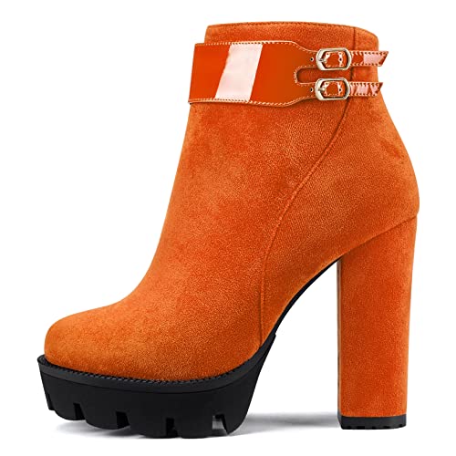 Castamere Damen Chunky Blockabsatz Plateau Plattform Hoher High Absatz Heel Geschlossene Runde Zehenkappe Stiefeletten Reißverschluss Klassisch Stiefel Orange 36 EU von Castamere
