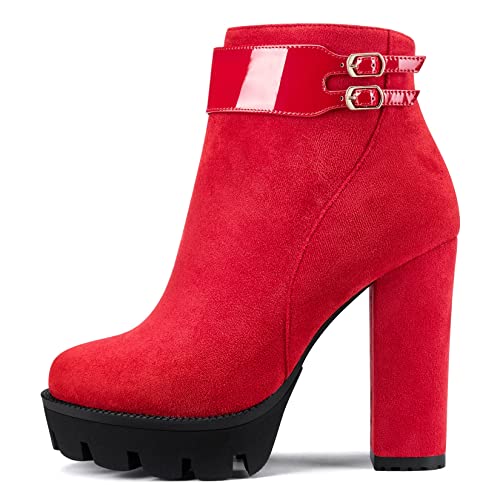 Castamere Damen Chunky Blockabsatz Plateau Plattform Hoher High Absatz Heel Geschlossene Runde Zehenkappe Stiefeletten Reißverschluss Klassisch Stiefel Rot 38 EU von Castamere