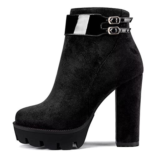 Castamere Damen Chunky Blockabsatz Plateau Plattform Hoher High Absatz Heel Geschlossene Runde Zehenkappe Stiefeletten Reißverschluss Klassisch Stiefel Schwarz 42 EU von Castamere