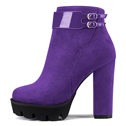 Castamere Damen Chunky Blockabsatz Plateau Plattform Hoher High Absatz Heel Geschlossene Runde Zehenkappe Stiefeletten Reißverschluss Klassisch Stiefel Violett 39 EU von Castamere