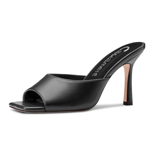 Castamere Damen Eckige Open Zehenkappe Sandalen Hoher High Stiletto Absatz Heel Slip-on Pantoletten Schuhe Dress Lässig Sommer Schuhe 9 CM Heels Schwarz 40 EU von Castamere