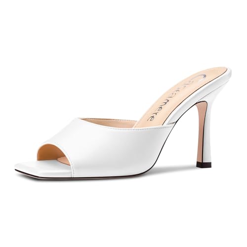 Castamere Damen Eckige Open Zehenkappe Sandalen Hoher High Stiletto Absatz Heel Slip-on Pantoletten Schuhe Dress Lässig Sommer Schuhe 9 CM Heels Weiß 42 EU von Castamere