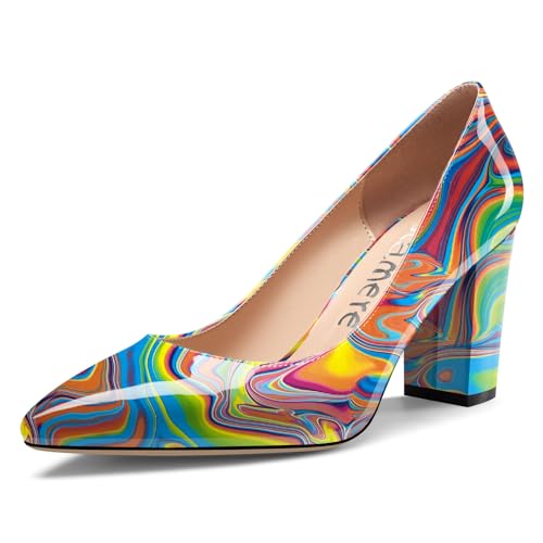 Castamere Damen Geschlossene Spitze Zehenkappe Hoher High Blockabsatz Absatz Heel Slip-on Dress Pumps Büroschuhe Lässig Schuhe 8 cm Heels Buntes Graffiti 42 EU von Castamere