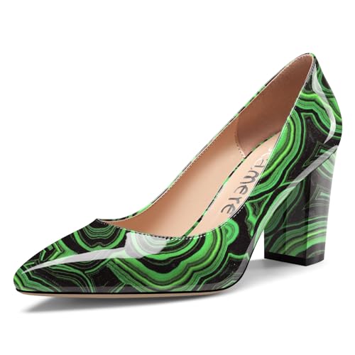 Castamere Damen Geschlossene Spitze Zehenkappe Hoher High Blockabsatz Absatz Heel Slip-on Dress Pumps Büroschuhe Lässig Schuhe 8 cm Heels Grün Gemustert 40 EU von Castamere