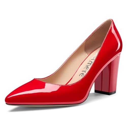 Castamere Damen Geschlossene Spitze Zehenkappe Hoher High Blockabsatz Absatz Heel Slip-on Dress Pumps Büroschuhe Lässig Schuhe 8 cm Heels Rot 43 EU von Castamere
