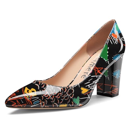 Castamere Damen Geschlossene Spitze Zehenkappe Hoher High Blockabsatz Absatz Heel Slip-on Dress Pumps Büroschuhe Lässig Schuhe 8 cm Heels Schwarzes Doodle 39 EU von Castamere