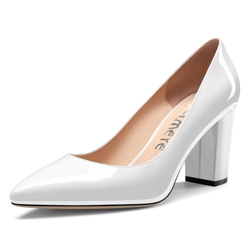 Castamere Damen Geschlossene Spitze Zehenkappe Hoher High Blockabsatz Absatz Heel Slip-on Dress Pumps Büroschuhe Lässig Schuhe 8 cm Heels Weiß 42 EU von Castamere
