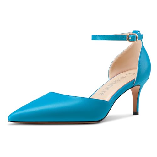 Castamere Damen Geschlossene Spitze Zehenkappe Kitten Absatz Heel Hochzeit Dress Knöchelriemen Sandalen 6.5 cm Heels Blau 42 EU von Castamere