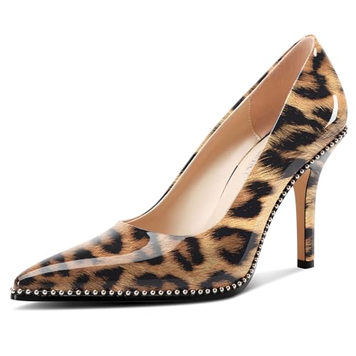 Castamere Damen Geschlossene Spitze Zehenkappe Slip-on Hoher High Stiletto Absatz Heel Pumps Lässig Silber Perlen Dress Schuhe 9 cm Heels Braun Leopard 39 EU von Castamere