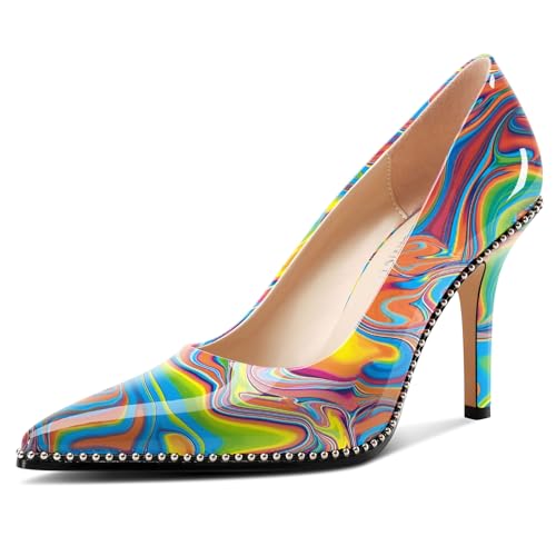 Castamere Damen Geschlossene Spitze Zehenkappe Slip-on Hoher High Stiletto Absatz Heel Pumps Lässig Silber Perlen Dress Schuhe 9 cm Heels Buntes Graffiti 39 EU von Castamere