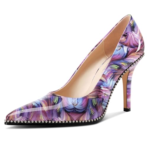 Castamere Damen Geschlossene Spitze Zehenkappe Slip-on Hoher High Stiletto Absatz Heel Pumps Lässig Silber Perlen Dress Schuhe 9 cm Heels Lila Wirbel 41 EU von Castamere
