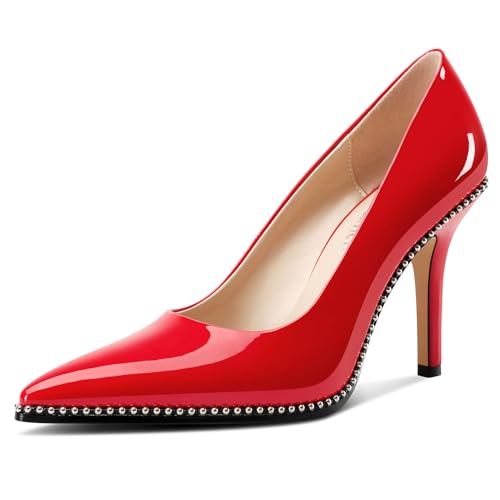 Castamere Damen Geschlossene Spitze Zehenkappe Slip-on Hoher High Stiletto Absatz Heel Pumps Lässig Silber Perlen Dress Schuhe 9 cm Heels Rot 42 EU von Castamere