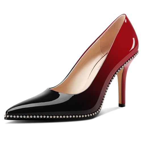 Castamere Damen Geschlossene Spitze Zehenkappe Slip-on Hoher High Stiletto Absatz Heel Pumps Lässig Silber Perlen Dress Schuhe 9 cm Heels Schwarz und Rot 37 EU von Castamere