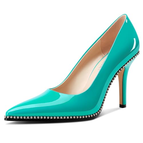 Castamere Damen Geschlossene Spitze Zehenkappe Slip-on Hoher High Stiletto Absatz Heel Pumps Lässig Silber Perlen Dress Schuhe 9 cm Heels Smaragdgrün 38 EU von Castamere