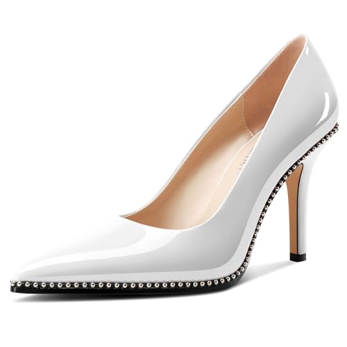 Castamere Damen Geschlossene Spitze Zehenkappe Slip-on Hoher High Stiletto Absatz Heel Pumps Lässig Silber Perlen Dress Schuhe 9 cm Heels Weiß 38 EU von Castamere