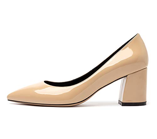 Castamere Damen High Heels Lederfutter Spitzen Zehen Blockabsatz Pumps 6CM Beige Lackleder Schuhe EU 40.5 von Castamere