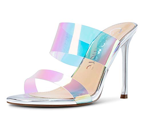 Castamere Damen High Heels Peep Toe Slip-On Sandalen Klar Transparent Stilettos 10CM Silber Schuhe EU 42.5 von Castamere
