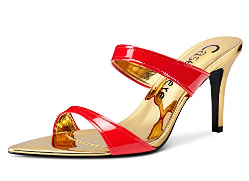 Castamere Damen High Heels Peep-Toes Sandalen mit Absatz 8CM Stilettos Spitze Zehe Rot Gold Schuhe EU 40 von Castamere