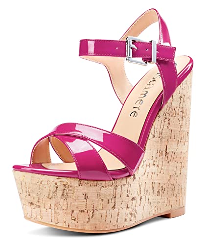 Castamere Damen High Heels Plattform Wedge Keilsandale Mode Peep-Toes Ankle Strap Keilabsatz Shoes Pink Pfirsich Lackleder Schuhe EU41 von Castamere