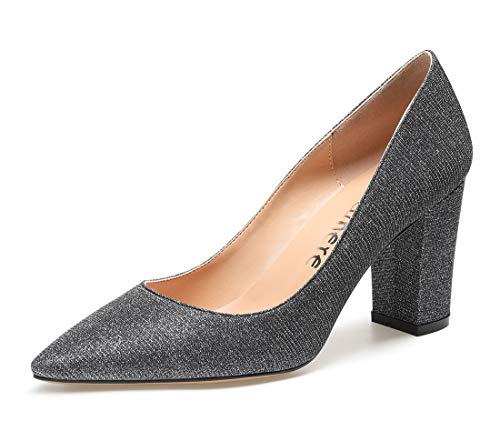 Castamere Damen High Heels Pumps Spitzen Blockabsatz 8CM Grau Silber Bling Schuhe EU 38.5 von Castamere