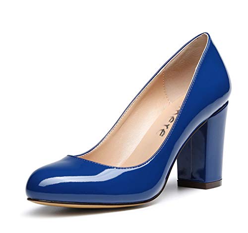 Castamere Damen High Heels Runde Zehen Partie Pumps Blockabsatz 8CM Lackleder Blau Schuhe EU 38.5 von Castamere