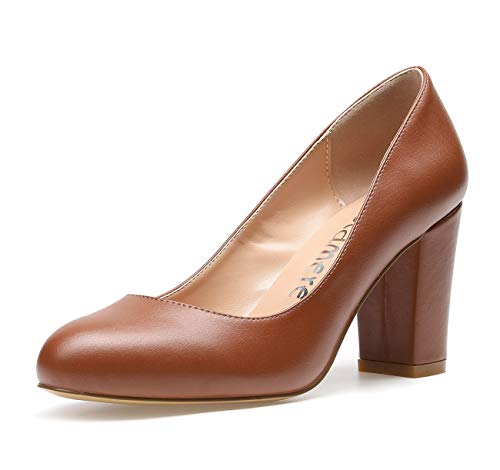 Castamere Damen High Heels Runde Zehen Partie Pumps Blockabsatz 8CM PU Braun Schuhe EU 41 von Castamere
